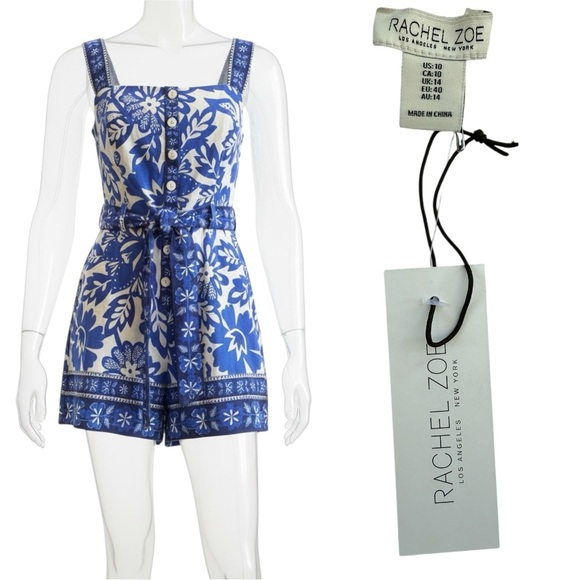 Rachel Zoe NWT Floral Romper Blue White 100% Cotton Size 10 - Picture 2 of 7